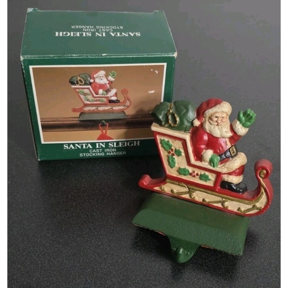 Vintage Midwest Cast Iron Christmas Santa Claus Sleigh Stocking Holder Hook Snow